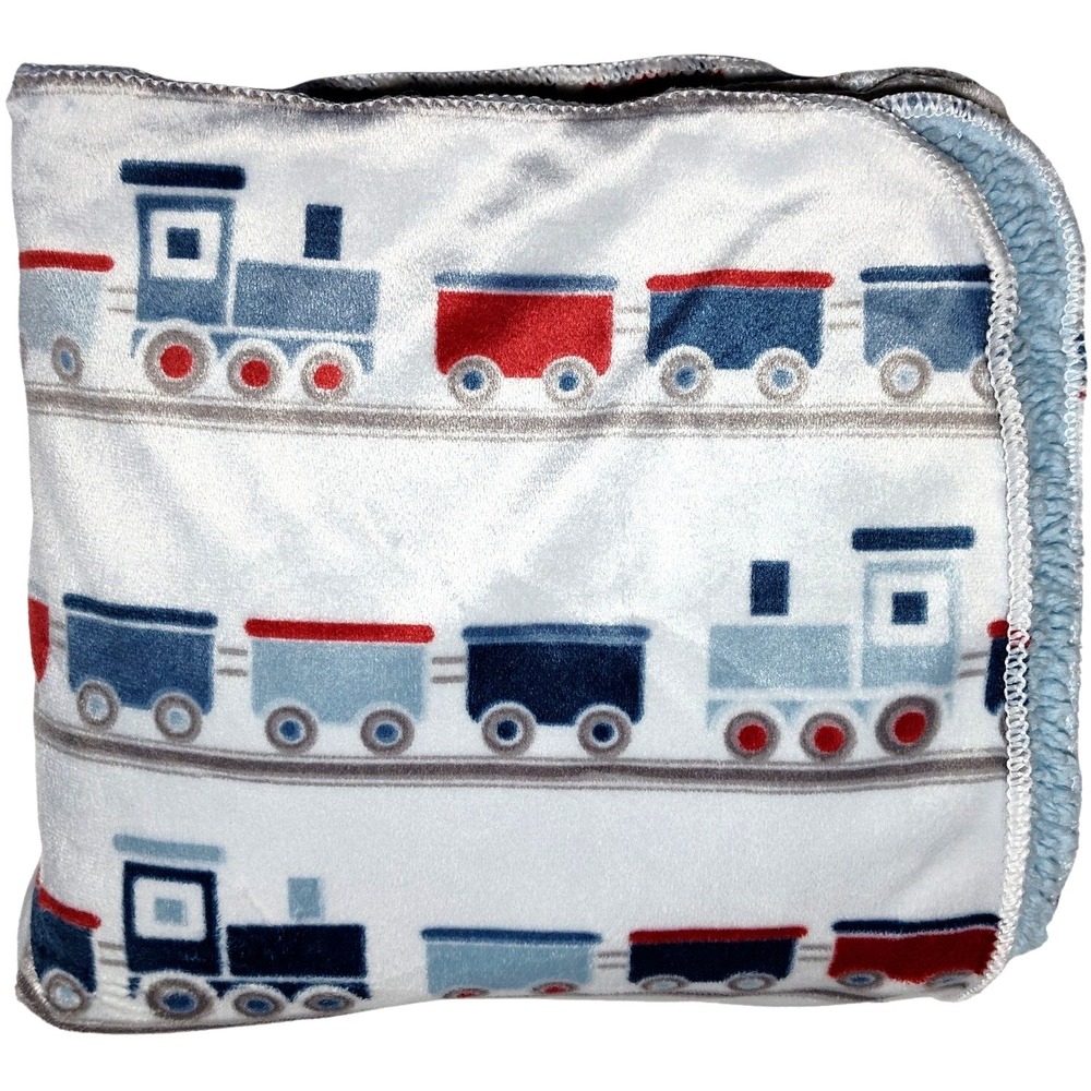 SL Home Fashions 119741 Train Plush Baby Blanket Blue Sherpa White Red Security